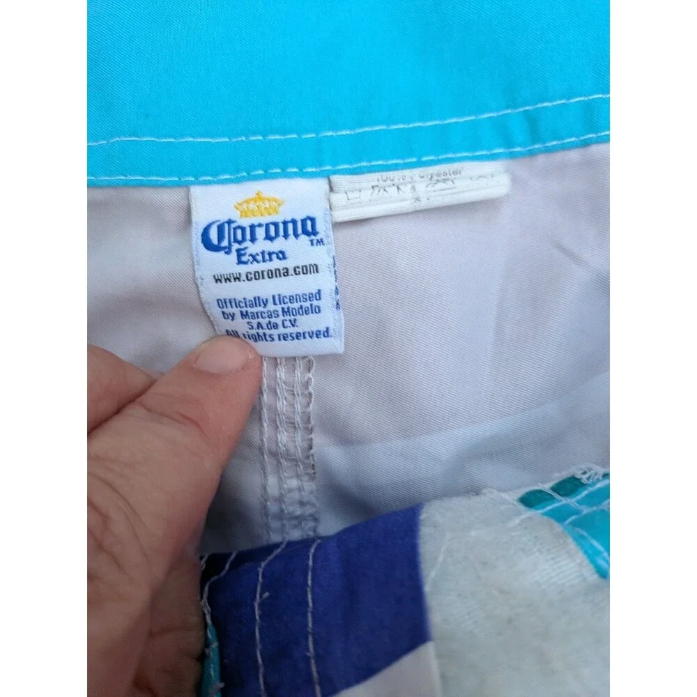 Corona Extra Board Shorts Size 34 Blue Red Colorblock Palm Tree Ocean
